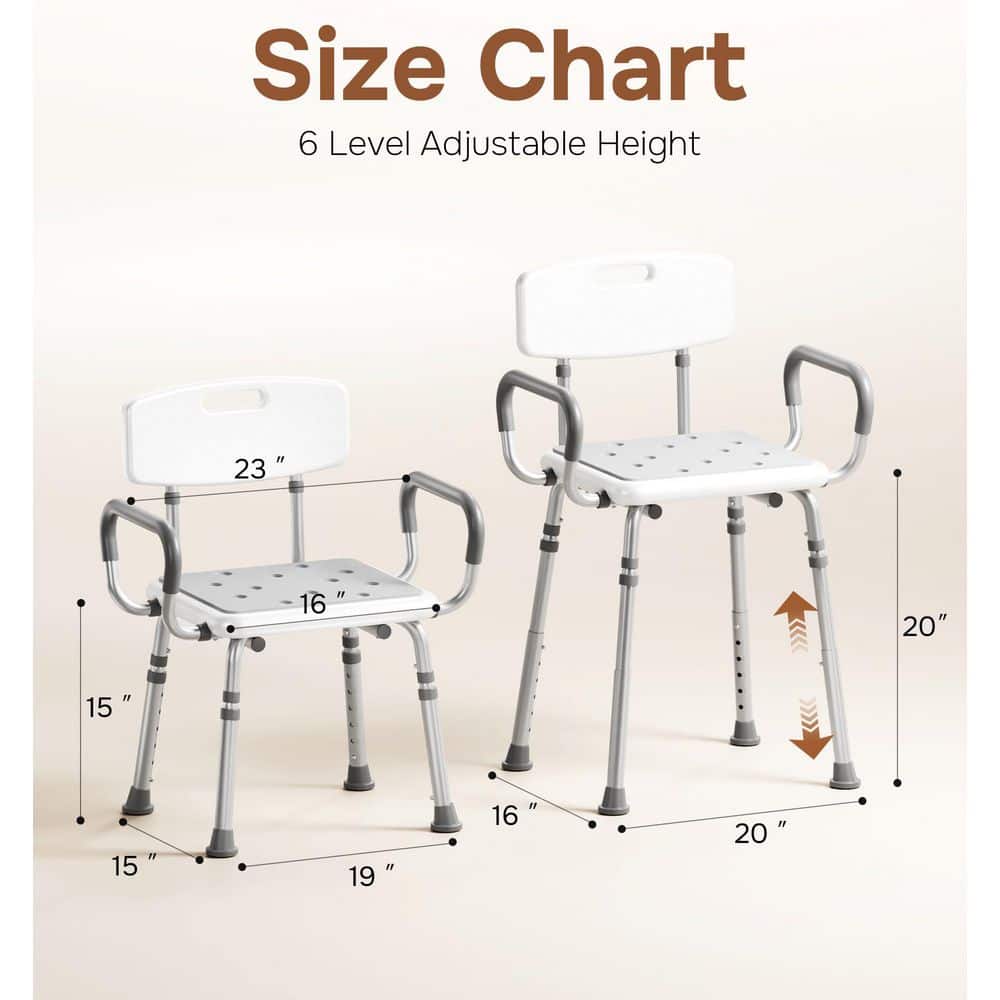 Wudkey Height Adjustable Shower Chair with Arms, Back and Enhanced Non-Slip Feet, Aluminum Shower Seat in Gray for Seniors (2)