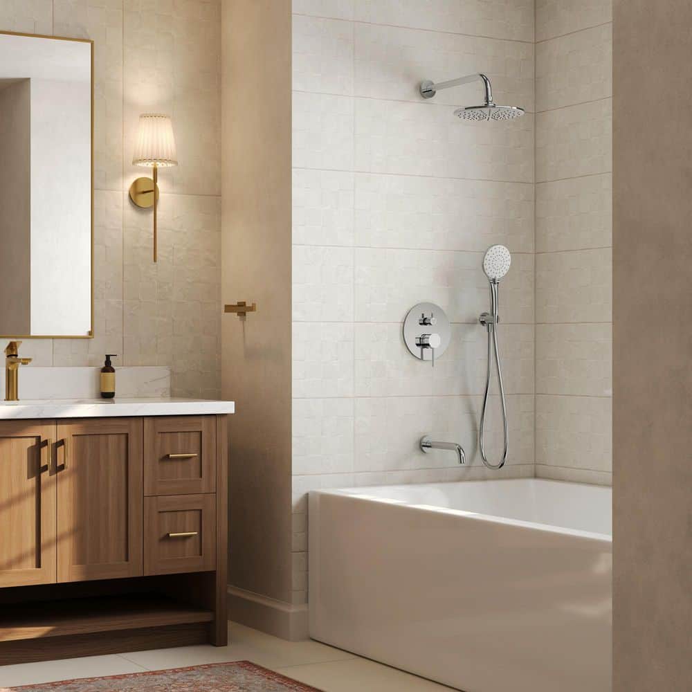 GRANDJOY 9 in. Round 3-Spray 1-Handle Tub and Shower Faucet with 3-Mode Handheld Shower 2.5 GPM in Chrome Valve Included (3)