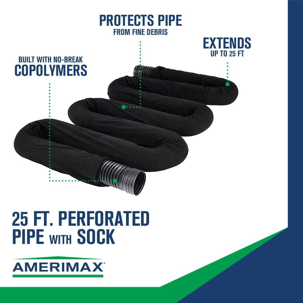 Amerimax Home Products FLEX Drain 4 in. Black Copolymer Perforated Drain Pipe with Sock (3)