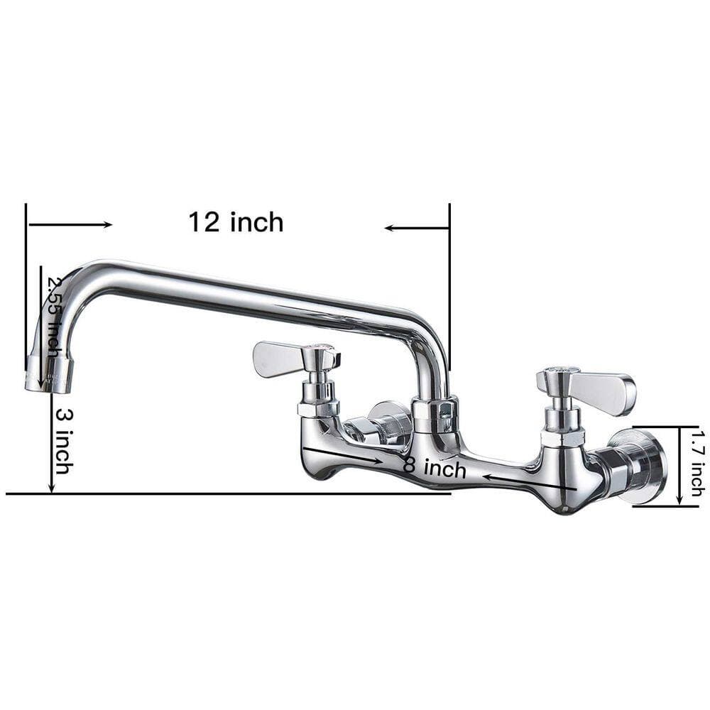 Numhew Wall Mount Kitchen Faucet in Chrome, 12 in. Swivel Spout Dual Handle Mixer Tap for Commercial and Laundry Sink (2)