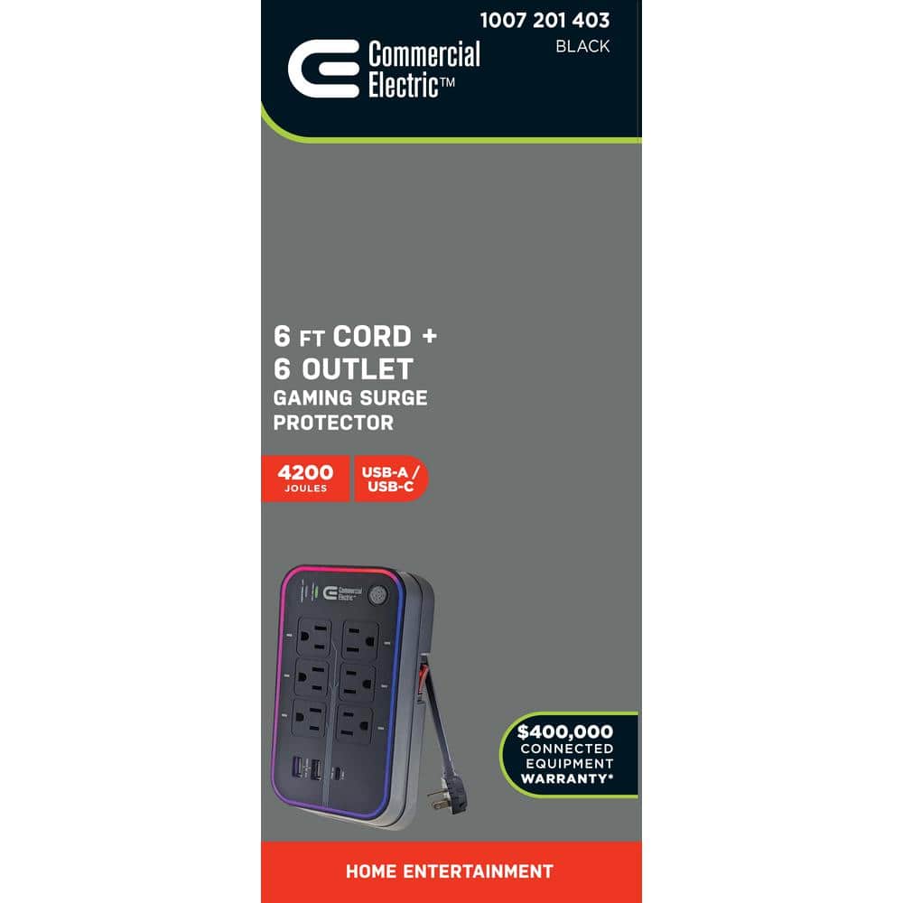 Commercial Electric 6 ft. 6-Outlet RGB Gaming Surge Protector with 2 USB-A and 1 USB-C, Black (2)