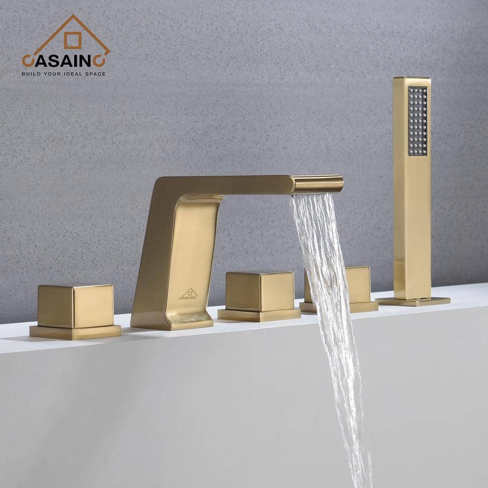 CASAINC 3-Handle Tub-Mount Roman Tub Faucet with Hand Shower in Brushed Gold (2)