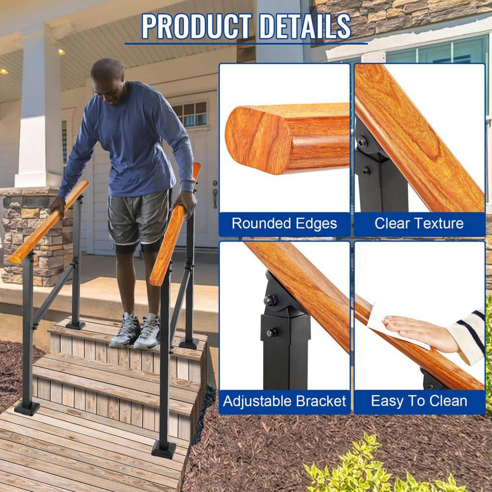 NVNOO Outdoor Steel Metal Hand Rails for Porch, Wooden Stairs Railing Fit 1 to 3 Steps with Installation Kit, Black (2)
