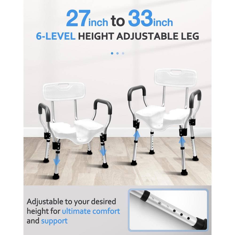 Numhew Aluminum Shower Chair in White with U-Shape Seat for Handicap, Wide Shower Seat with Arms and Back for Elderly (3)