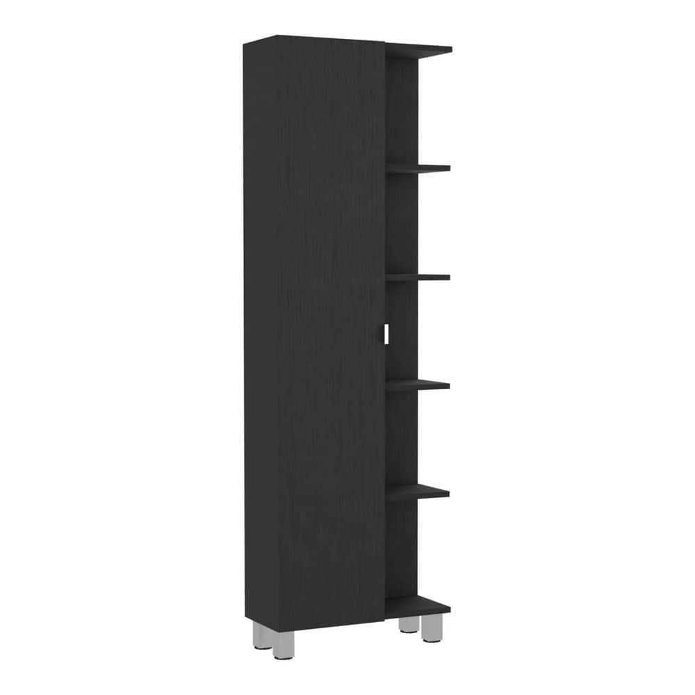 YSQCAR 20.15 in. W x 8.46 in. D x 62.2 in. H Black MDF Freestanding Linen Cabinet with Door, Five Open Shelves (1)
