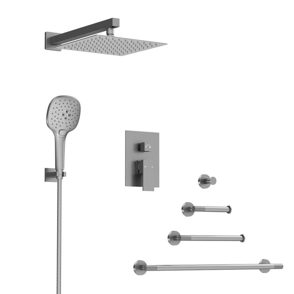 YAWWALK Double Handle 3-Spray 10 in Wall Mount 2.5 GPM High Pressure Shower Faucet with 4-Piece Towel Rack Set in Brushed Nickel (1)