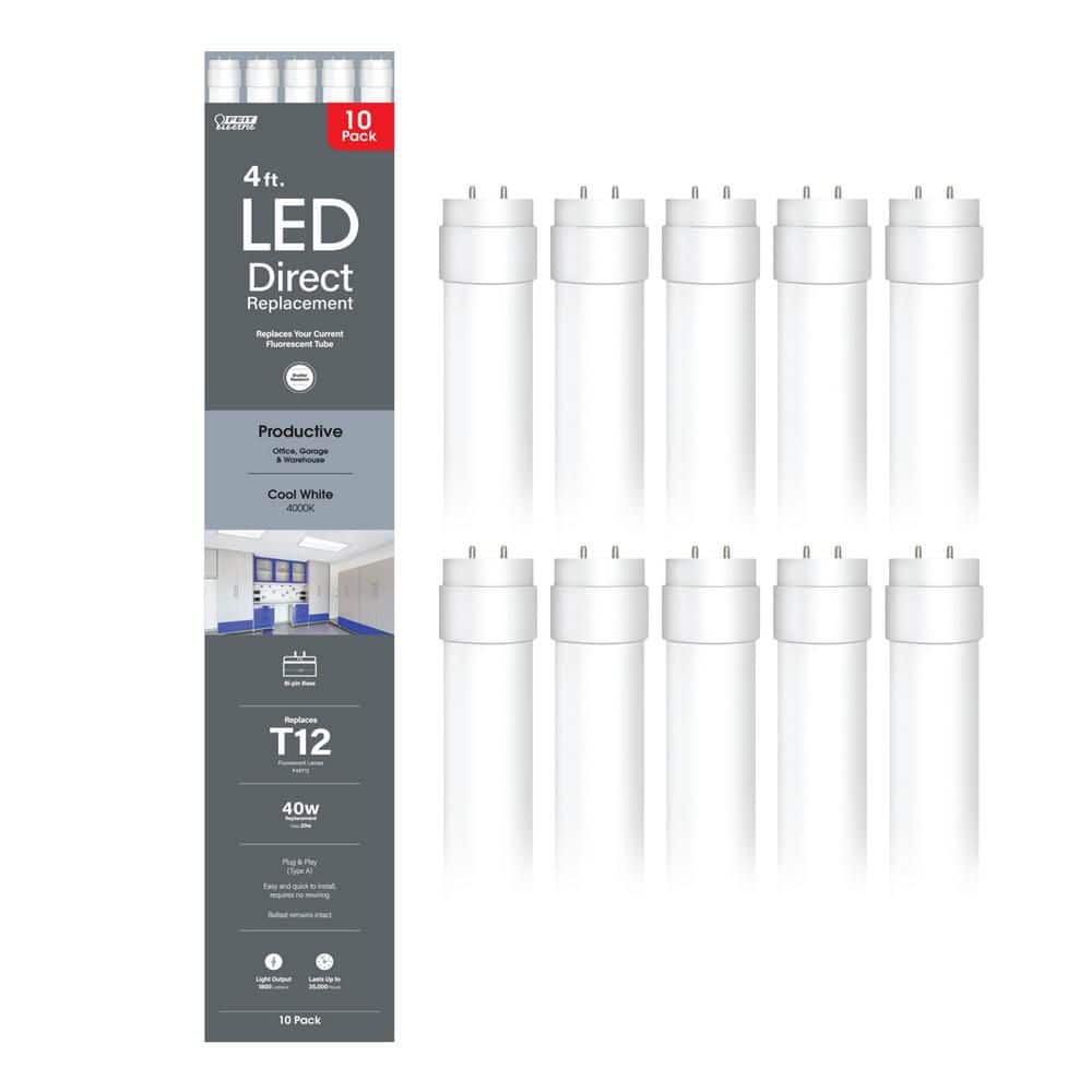 Feit Electric 20-Watt 4 ft. T12 G13 Type A Plug and Play Linear LED Tube Light Bulb, Cool White 4000K (10-Pack) (2)