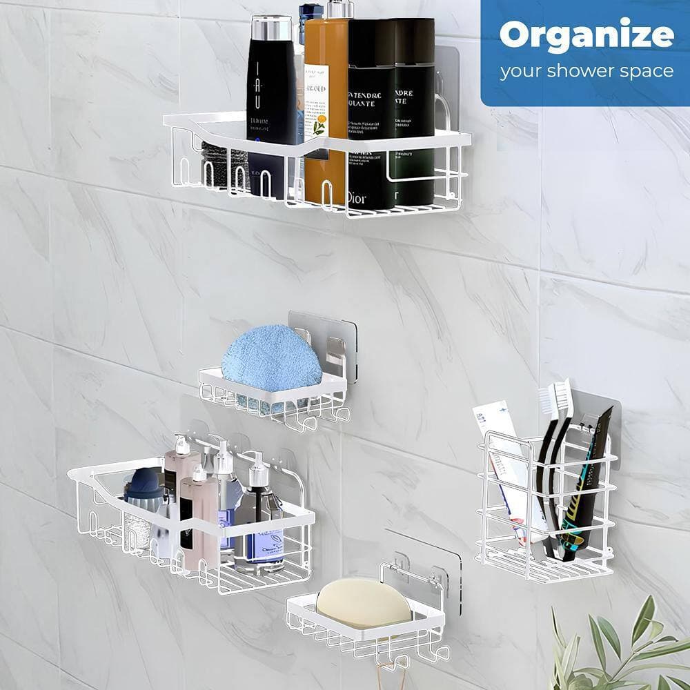 Fab Glass and Mirror Pack of 5 Wall-Mounted Shower Caddy with Shelves, Rust-Resistant Multi-Storage Organizer in White (2)
