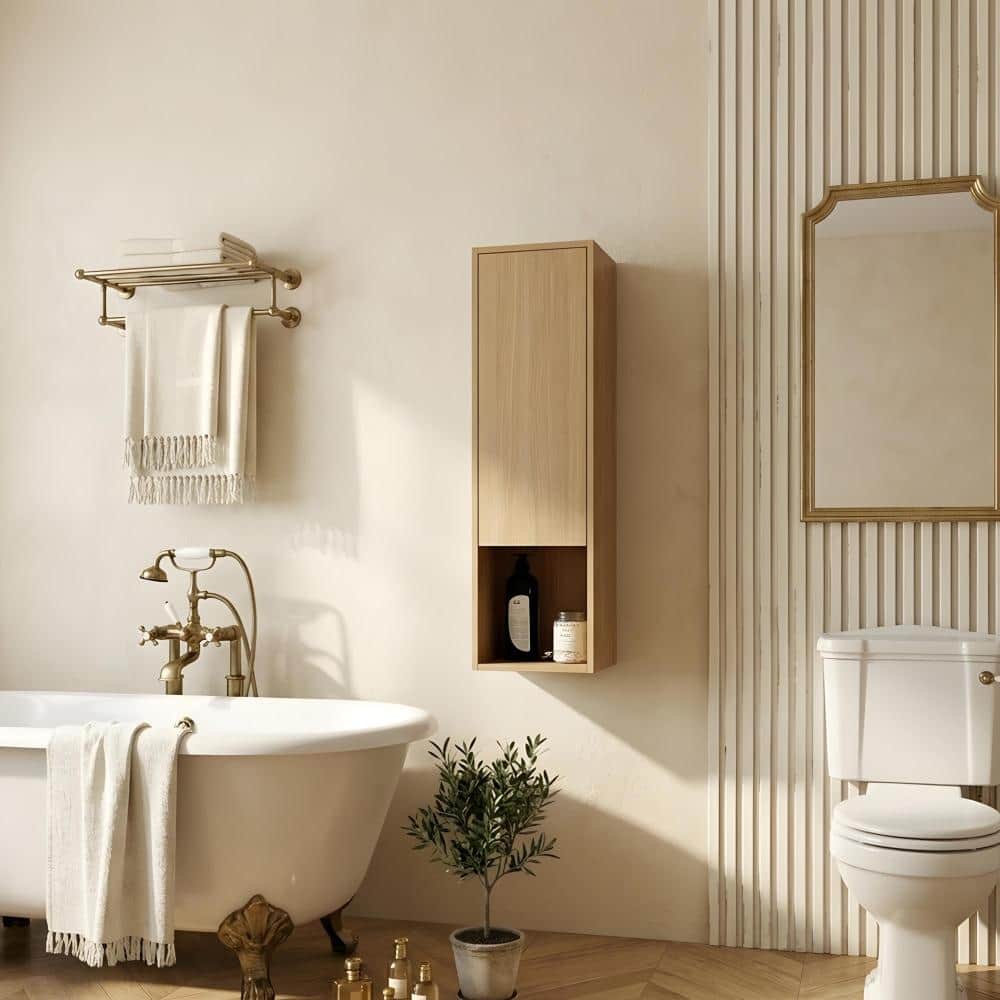 Zuvandra 11.81"W x 9.81"D x 35.44"H Plywood Bathroom Wall Cabinet with Doors,Built-in Shelves,and Open Shelves,Oak (1)