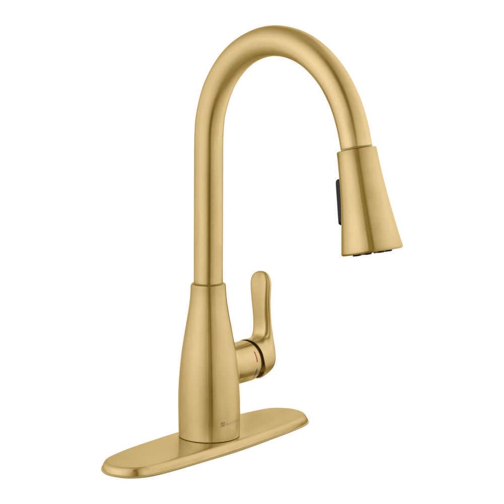 Glacier Bay McKenna Brushed Gold Sgl-Handle 14. 97 in. "H" P/Down Sprayer Kitchen Faucet in with 360° Swivel Spout and Fast Mount