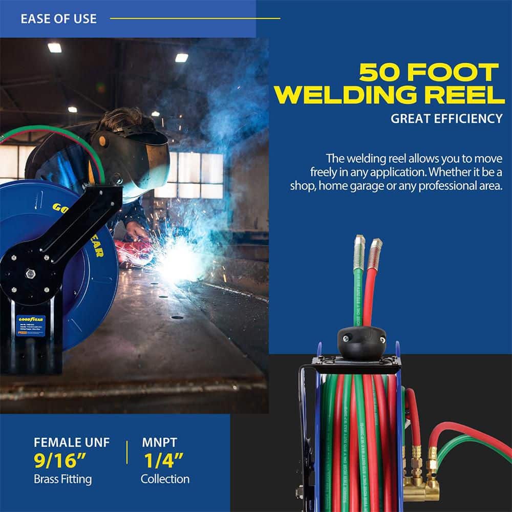 Goodyear 1/4 in. x 50 ft. Steel Single Arm Oxygen Acetylene Welding Hose Reel (2)