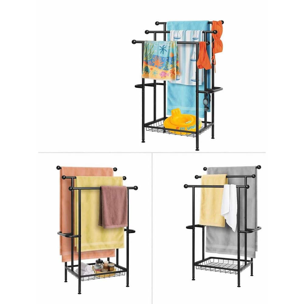 Anqtovp 3-Tier 39" H Towel Rack in Matte Black with Standing Design and Storage Basket for Pool and Bathroom Towels (2)