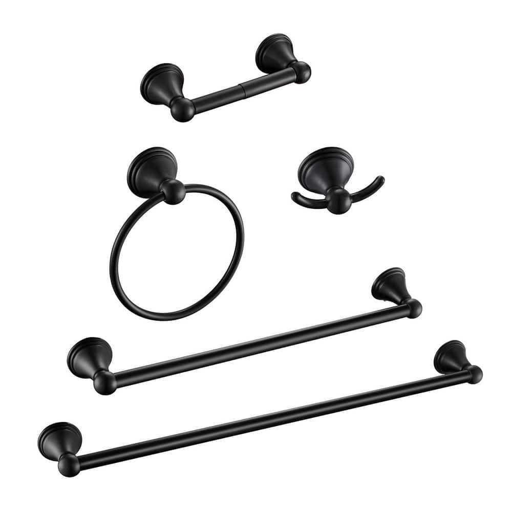 KHKFY 5-Piece Matte Black Bathroom Hardware Set with 24 in and 16 in Towel Bars, Towel Ring, and Toilet Paper Holder (1)