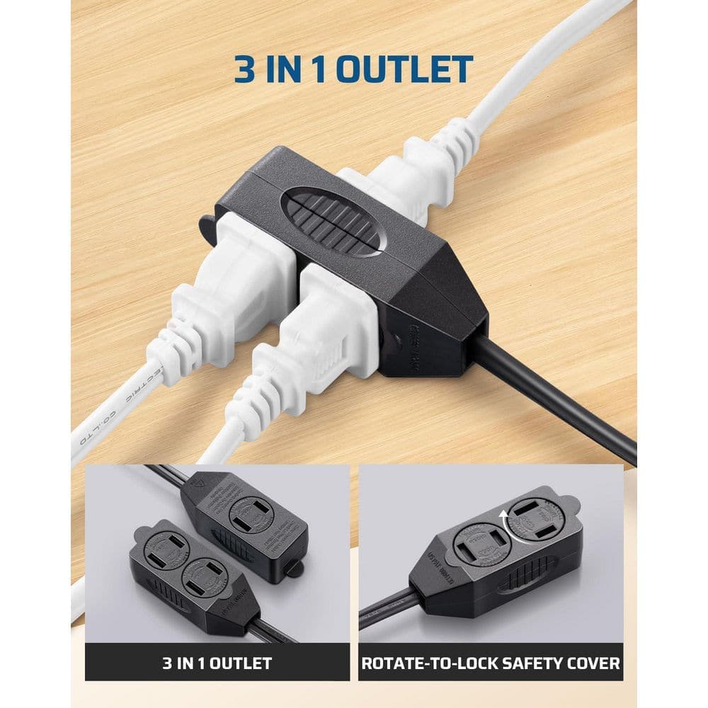 Unbranded 3 ft. 16/2 Gauge SPT-2 Indoor Extension Cord with 3 Polarized 2-Prong Outlets, Slide-to-Lock Safety Cover, Black, 3 Pack (3)