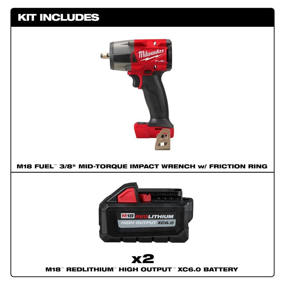 Milwaukee M18 FUEL GEN-2 18V Lith-Ion Mid Torque Brushless Cordless 3/8 in. Impact Wrench w/ (2) High Output 6.0 Ah Battery Pack (2)