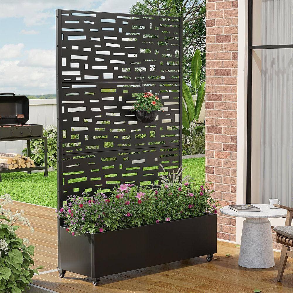 Lirago 72 in. H x 47 in. W Rectanglar Black Outdoor Metal Privacy Screen Planter Box Wall Decor in Boulevard Pattern (2)
