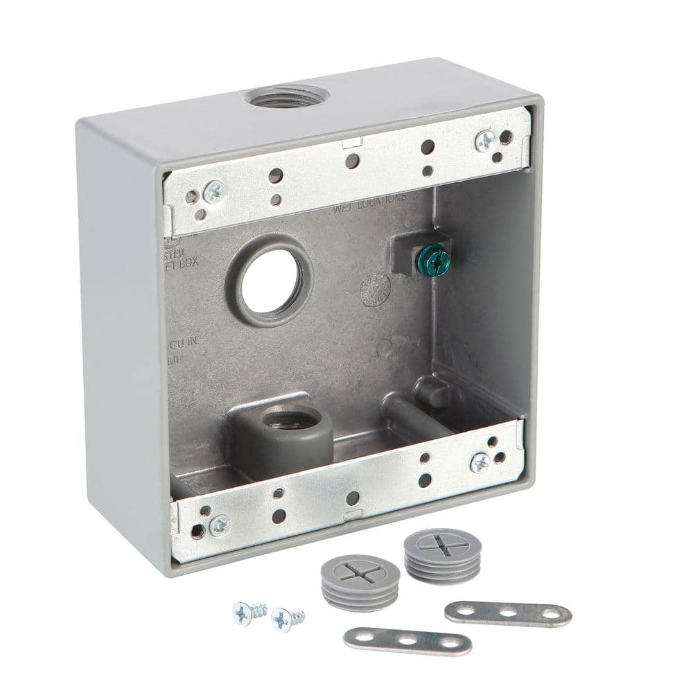 Commercial Electric 2-Gang Metallic Weatherproof Outlet Box with (3) 1/2 in. Holes, Gray