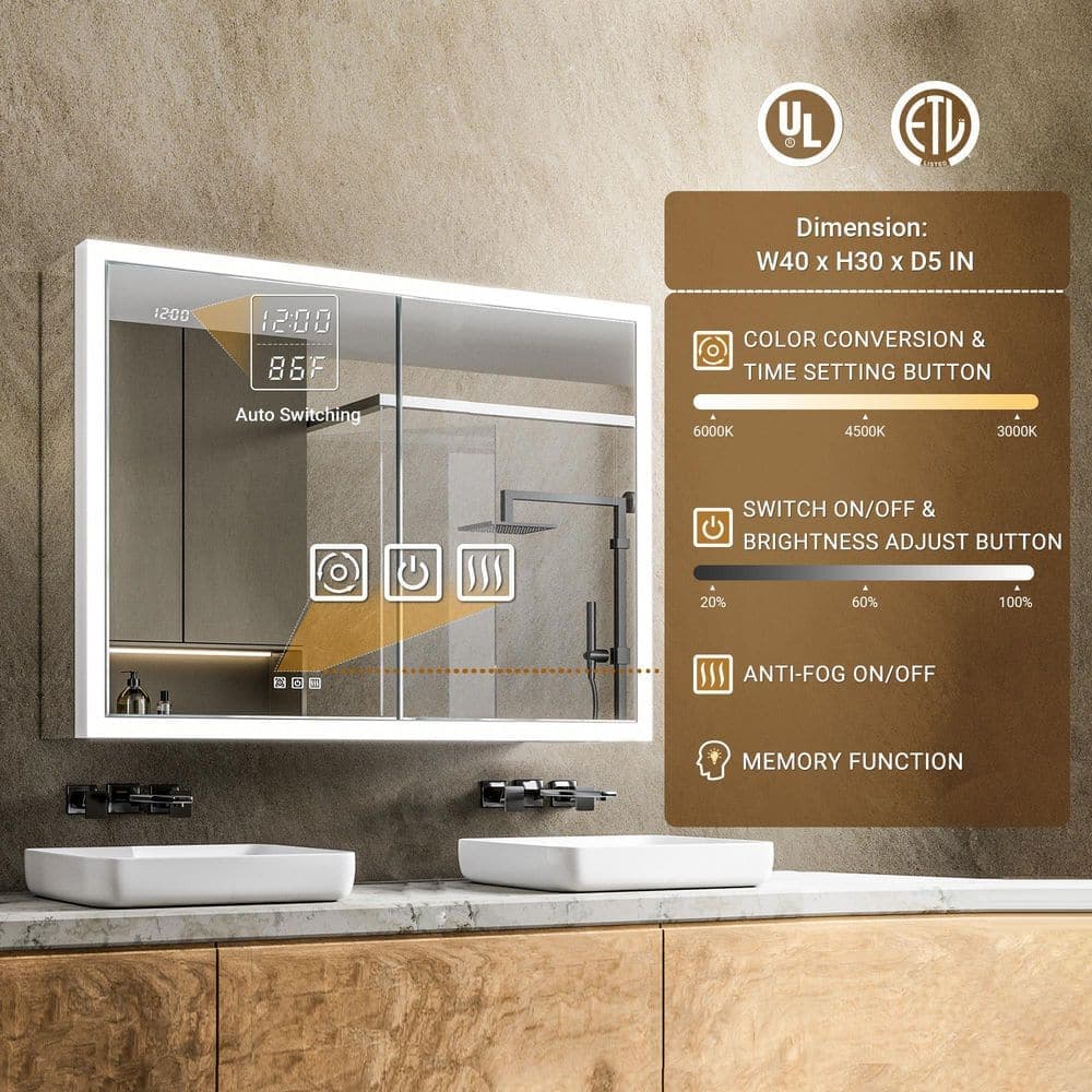 QueenFun Elega 40 in. W x 30 in. H Rectangular Aluminum Recessed/Wall Mount Dimmable Fogless Lighted Medicine Cabinet with Mirror (2)