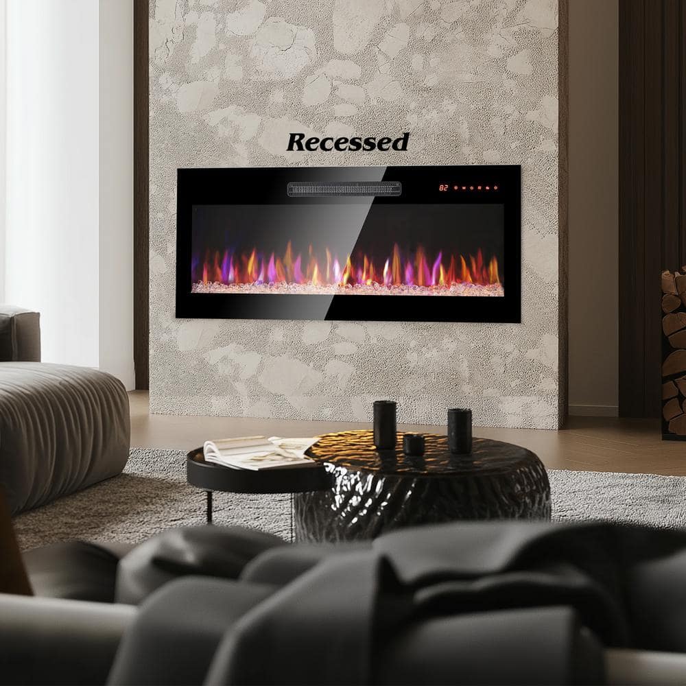 Velivi 50 in. Recessed/Wall Mounted Electric Fireplace with Remote and Multi Color Flame in Black (2)