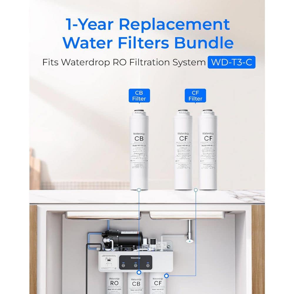Waterdrop WD-T3-C Reverse Osmosis Water Filtration System 8-Stage 450G Tankless Extra 1-Year Combo Filter (2 CF Plus 1 CB) (3)