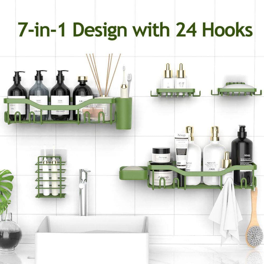 Numhew 7 Pack Shower Caddy Adhesive Shower Organizer with Soap Dish Toothbrush Holder 24 Hooks Home Decor, No-Drill in Green (3)