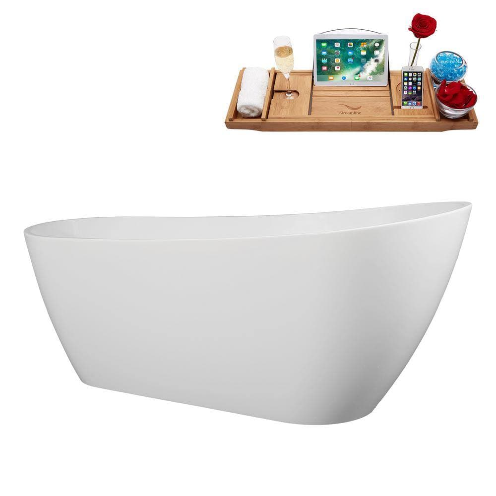 Streamline 67 in. x 29 in. Acrylic Freestanding Soaking Bathtub in Glossy White With Matte Black Drain, Bamboo Tray (2)