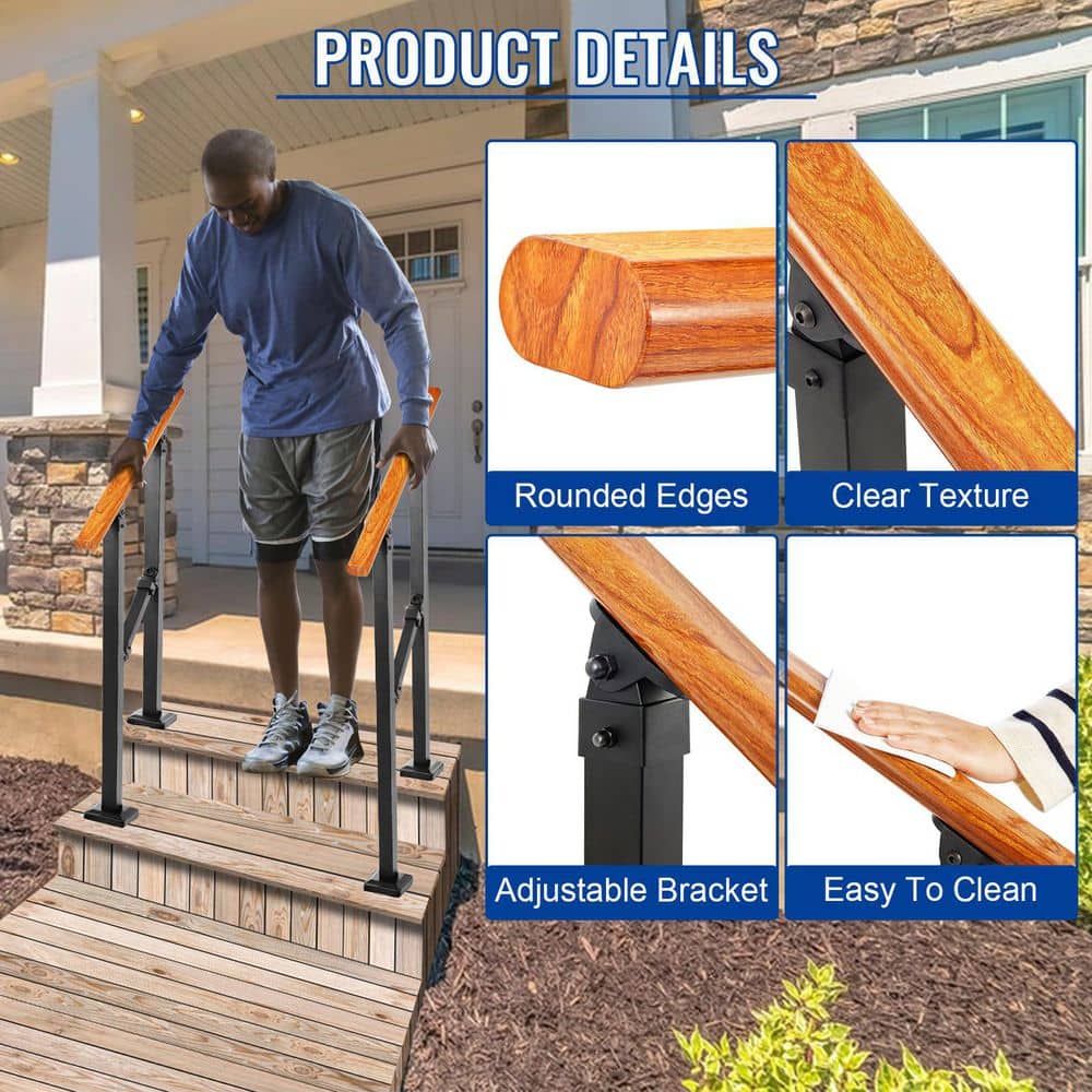 NVNOO Outdoor Steel Metal Hand Rails for Porch, Wooden Stairs Railing Fit 1 to 2 Steps with Installation Kit, Black (2)
