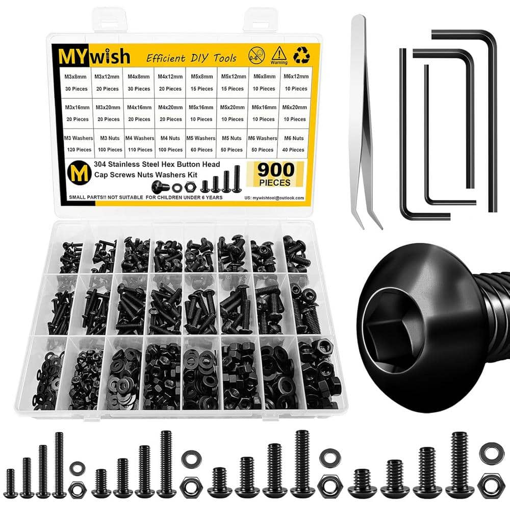 MYWISH 900-Piece Metric Screw Assortment Kit, M3 M4 M5 M6 Bolts Nuts & Flat Washers