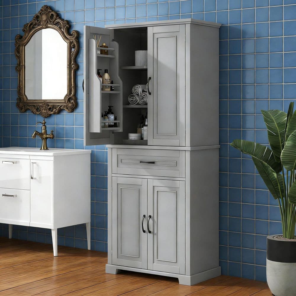 Unbranded 29.90 in. W x 15.70 in. D x 72.20 in. H Gray Linen Cabinet with 1-Drawer and Adjustable Shelf (2)