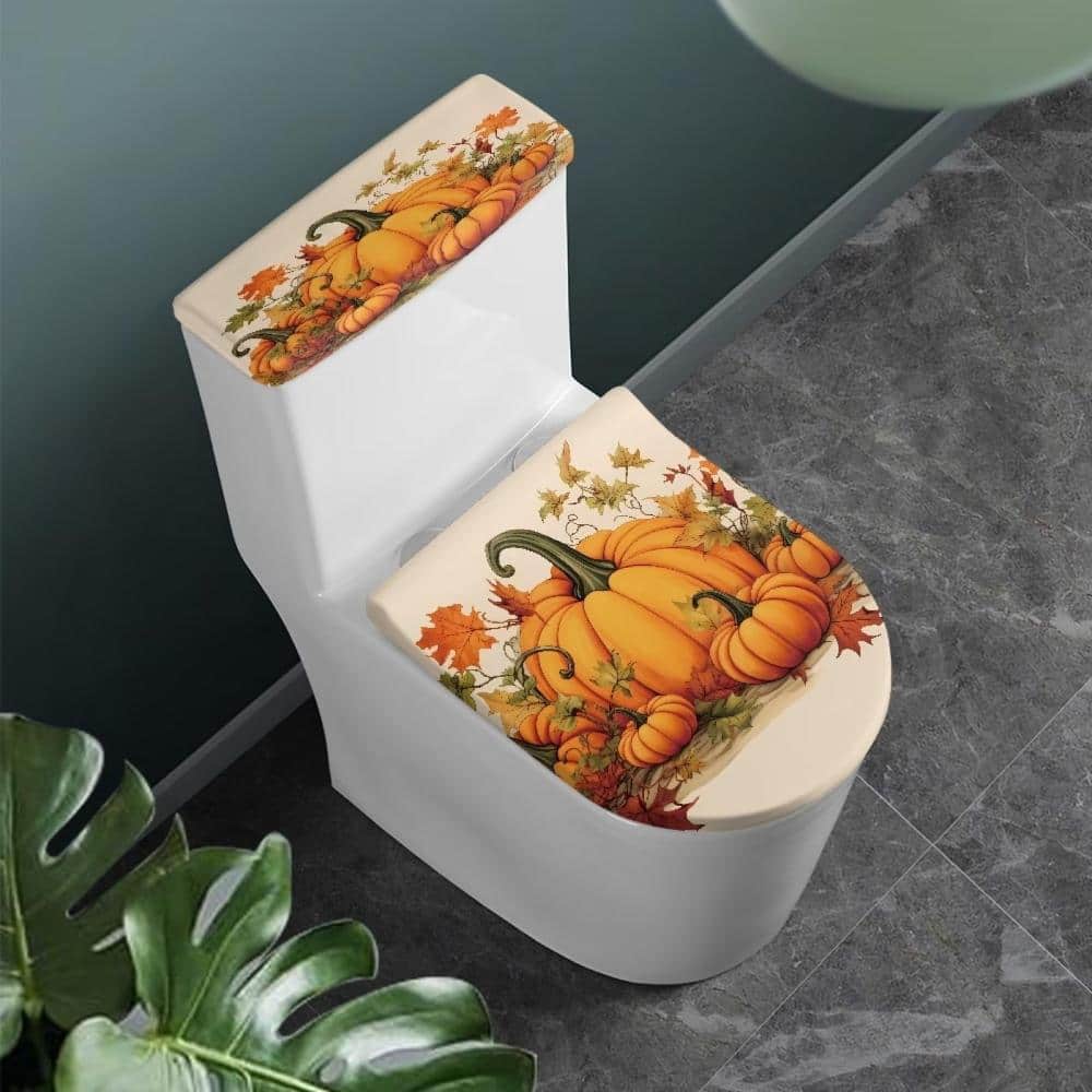 Unbranded Pumpkin Fall 2-Piece Tank Covers Set: Stretchable Toilet Lid and Tank Cover for Most Toilets 15-21 in Lid 13-17 in (2)