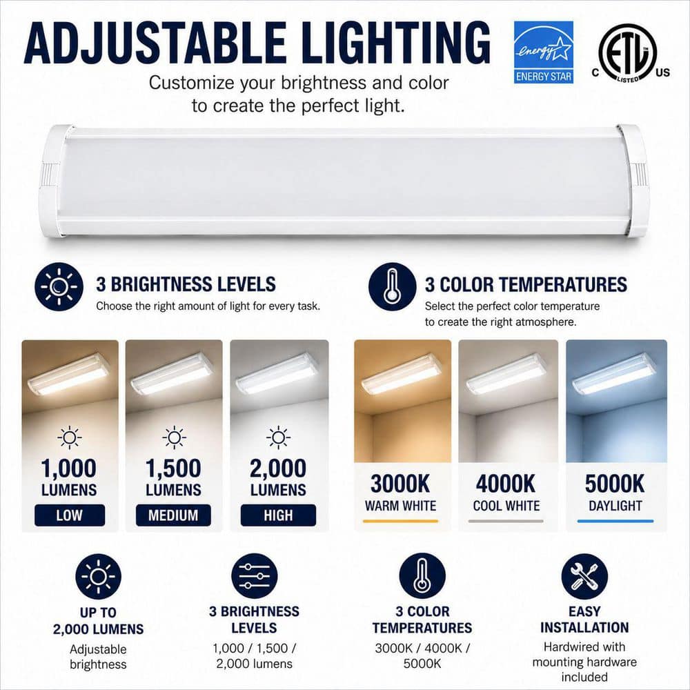 Commercial Electric 1-Pack 2 ft. Adjustable Lumen Integrated LED White Slim Wraparound Light 3CCT (4)