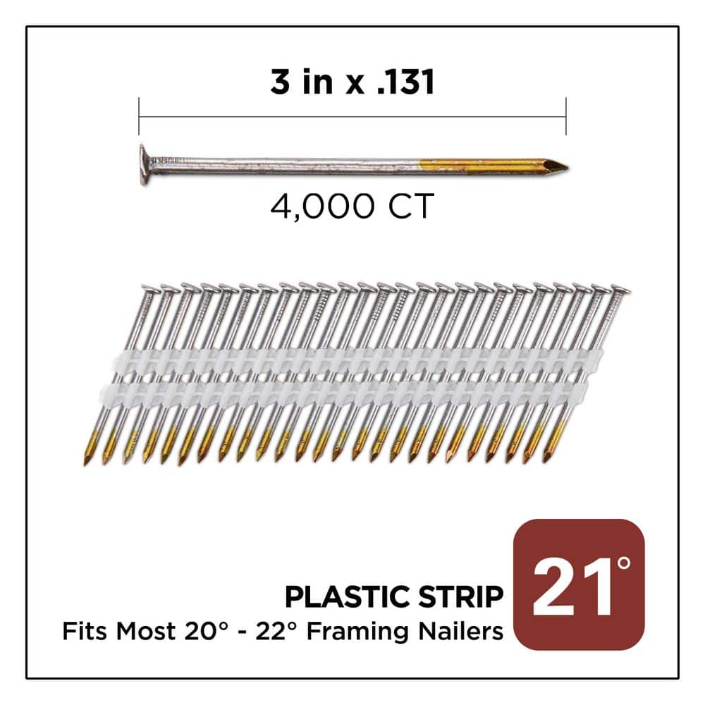 PRO-FIT 3 in. x 0.131-Gauge 21° Bright Finish Smooth Shank Plastic Strip Framing Nails (4000 per Box) (2)