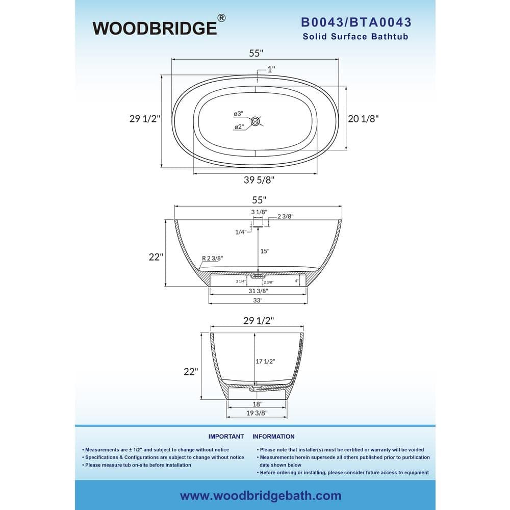 WOODBRIDGE 55 in. L x 29.5 in. W Luxury Solid Surface Stone Resin Freestanding Soaking Bathtub with Center Drain in Black (2)