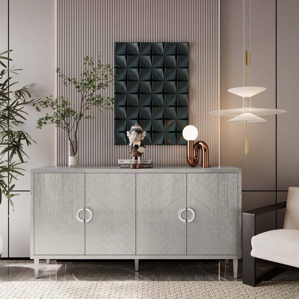 COWLOWN 59.84 in. W x 15.75 in. D x 32.48 in. H Champagne Gray Linen Cabinet 4-Door Storage Cabinet with Pine Legs (2)
