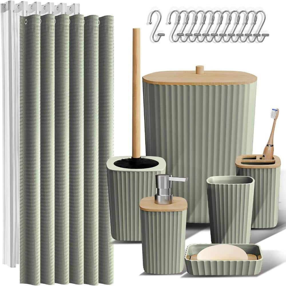Whatseaso Bathroom Set, Bathroom Accessory Set, Shower Curtain Set, Toilet Brush, Trash Can & Soap Dispenser in Sage Green (1)