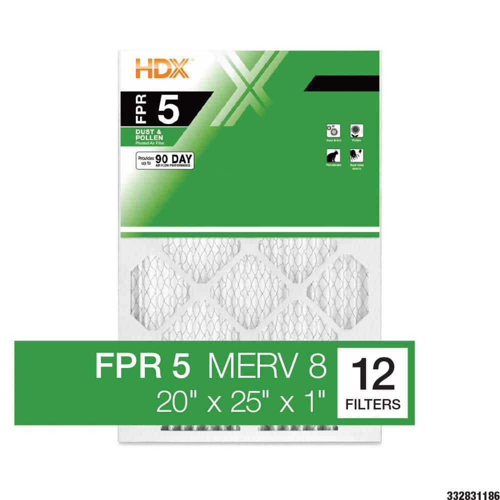 HDX 20 in. x 25 in. x 1 in. Standard Pleated Furnace Air Filter FPR 5, MERV 8 (12-Pack)