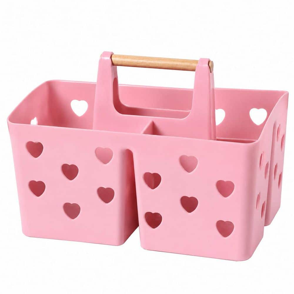 Unbranded Portable Divided Plastic Shower Caddy Tote Organizer with Wood Handle and Drainage Holes Bathroom Brushed Nickel