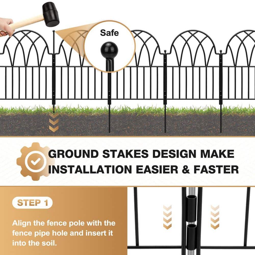 xinyoec 10.56 ft. x 1.42 ft. Black Metal Iron Arched No Dig Garden Fence Panel (10-Pack) for Dog, Flower Bed Edging (3)