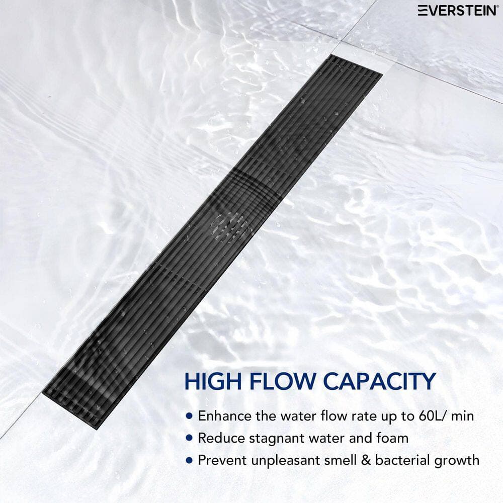 EVERSTEIN 24 in. Linear Grid Shower Drain Stainless Steel with Hair Strainer, Fast Drainage in Matte Black (2)