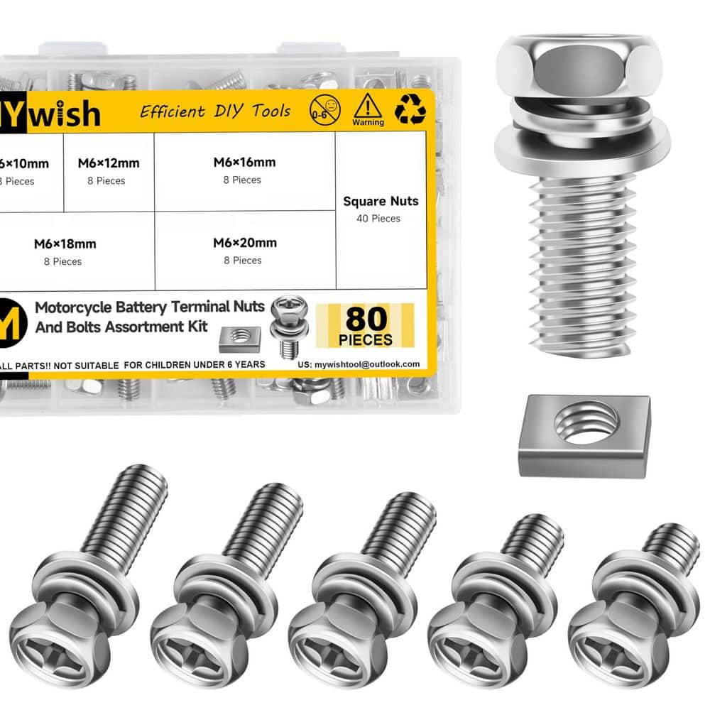 MYWISH 80Pcs M6 Motorcycle Battery Terminal Bolts and Square Nuts Kit, 304-Stainless Steel Assortment Set (1)