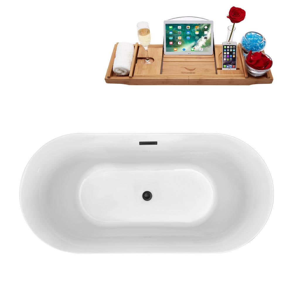 Streamline 59 in. Acrylic Flatbottom Non-Whirlpool Bathtub Glossy Black with Brushed Gun Metal Drain and Overflow Cover (4)