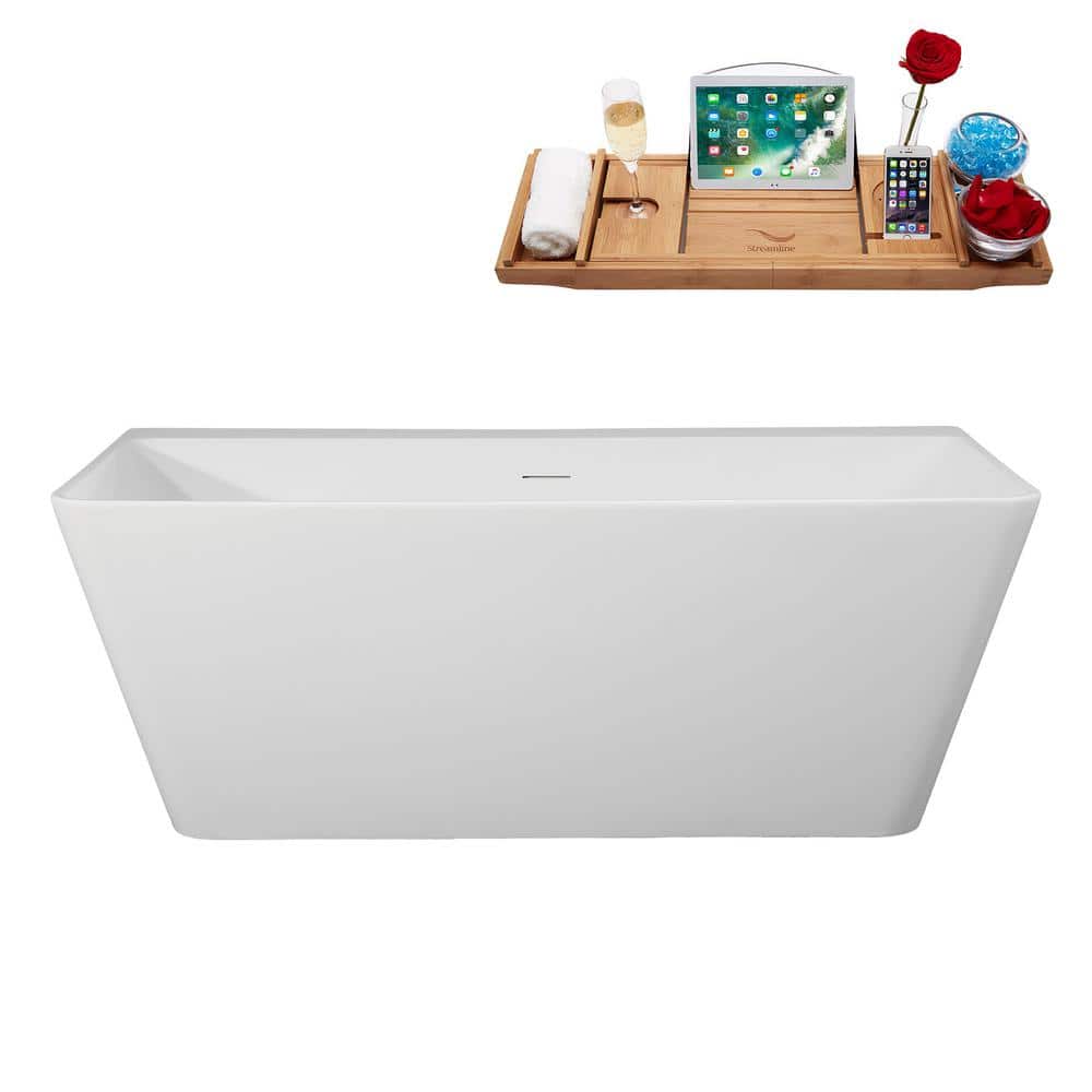 Streamline 59 in. 30 in. Acrylic Freestanding Soaking Bathtub Glossy White With Brushed Nickel Drain, Bamboo Tray (1)