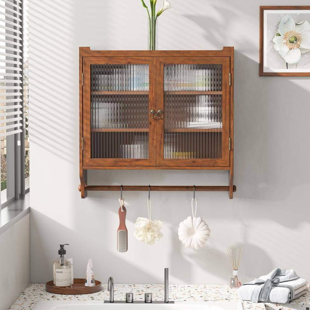 COWLOWN 23.62 in. W x 7.08 in. D x 23.62 in. H Solid Wood Bathroom Storage Wall Cabinet in Dark Brown with Towel Rack (3)