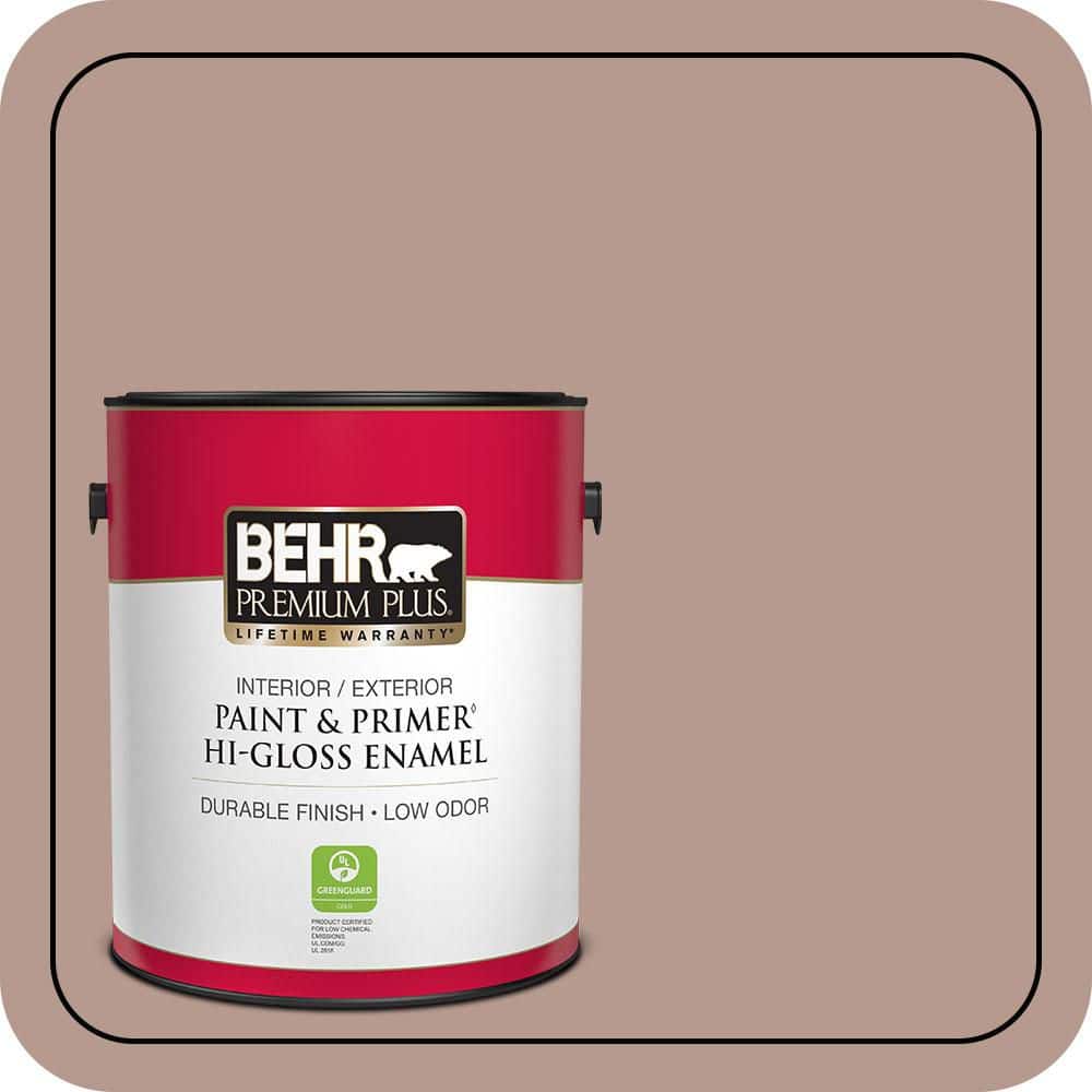 BEHR PREMIUM PLUS 1 gal. #MQ1-55 Lite Cocoa Hi-Gloss Enamel Interior/Exterior Paint & Primer