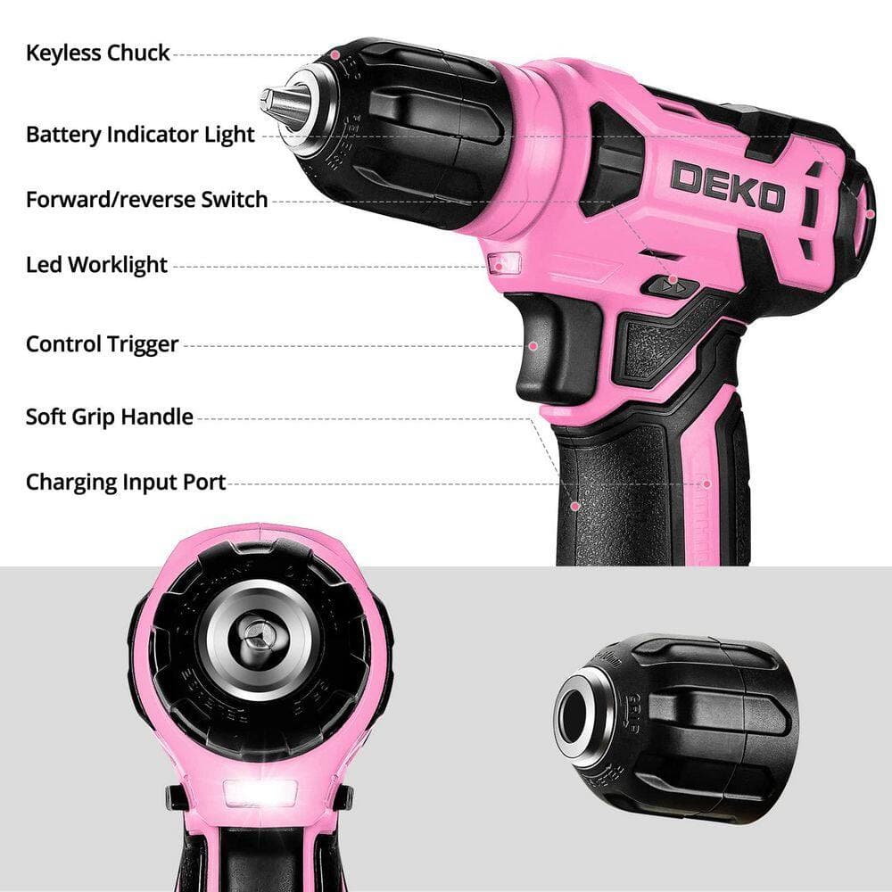 Laybus 126-Piece Home Tool Set with 8-Volt Pink Cordless Drill,Pink Cordless Drill with LED,Multi-functional Tool Kit w/ Drill (3)