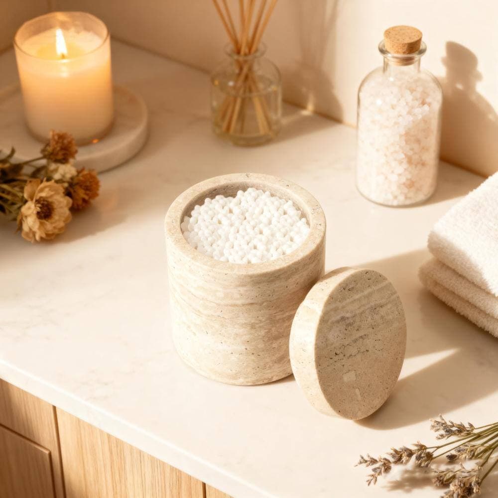 Unbranded Countertop Natural Italian Marble Canister with Lid for Bathroom Vanity Cotton Swab Organizer in Beige (2)