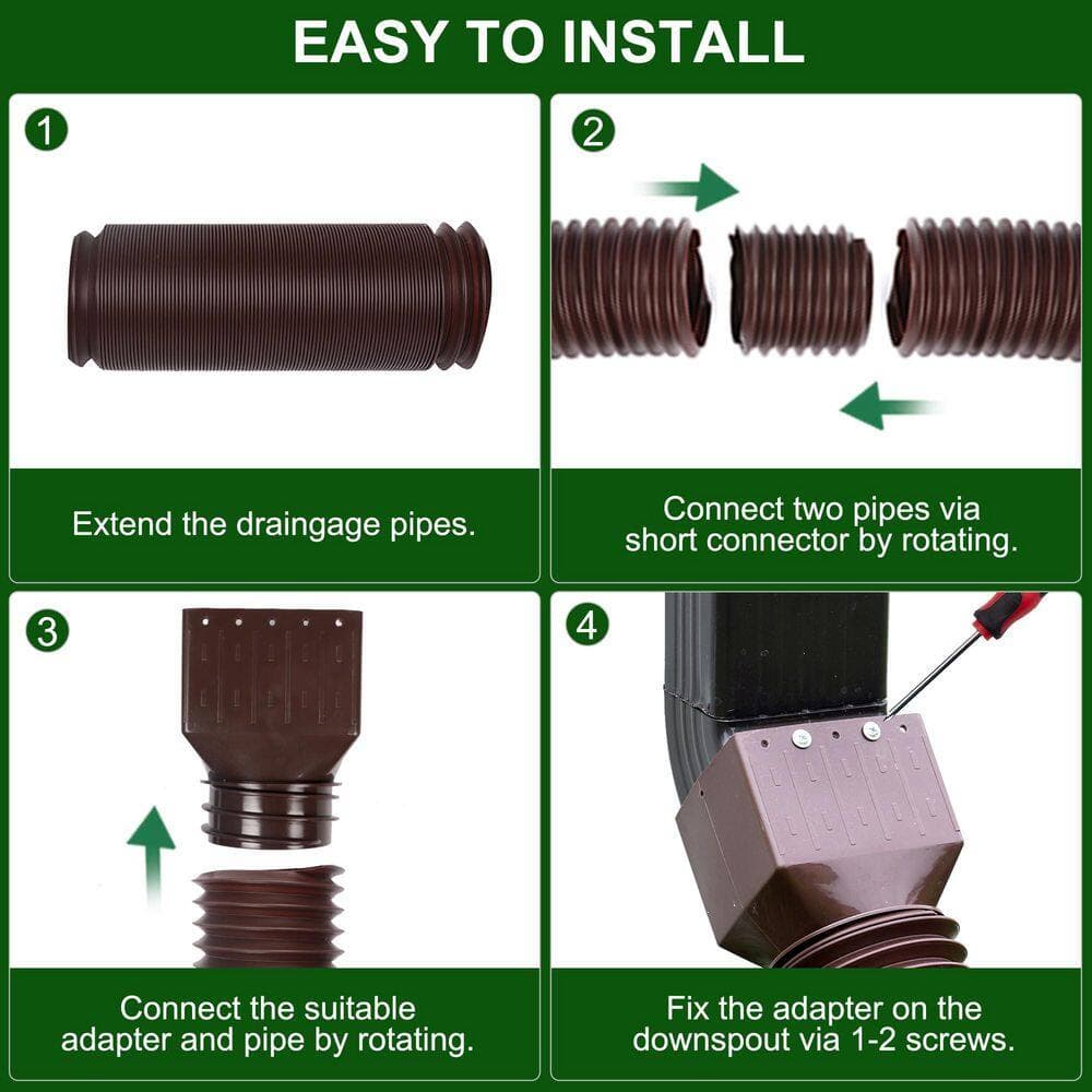 Helhom 2 Pack Brown 2 in. x 1.67 ft. Rain Gutter Downspout Extensions, Flexible Corrugated Drain Pipe for Rainwater Drainage (3)