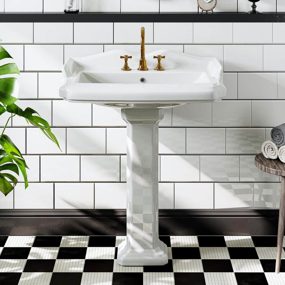 Hanikes 23 in. White Vitreous China Rectangular Pedestal Bathroom Sink With Overflow