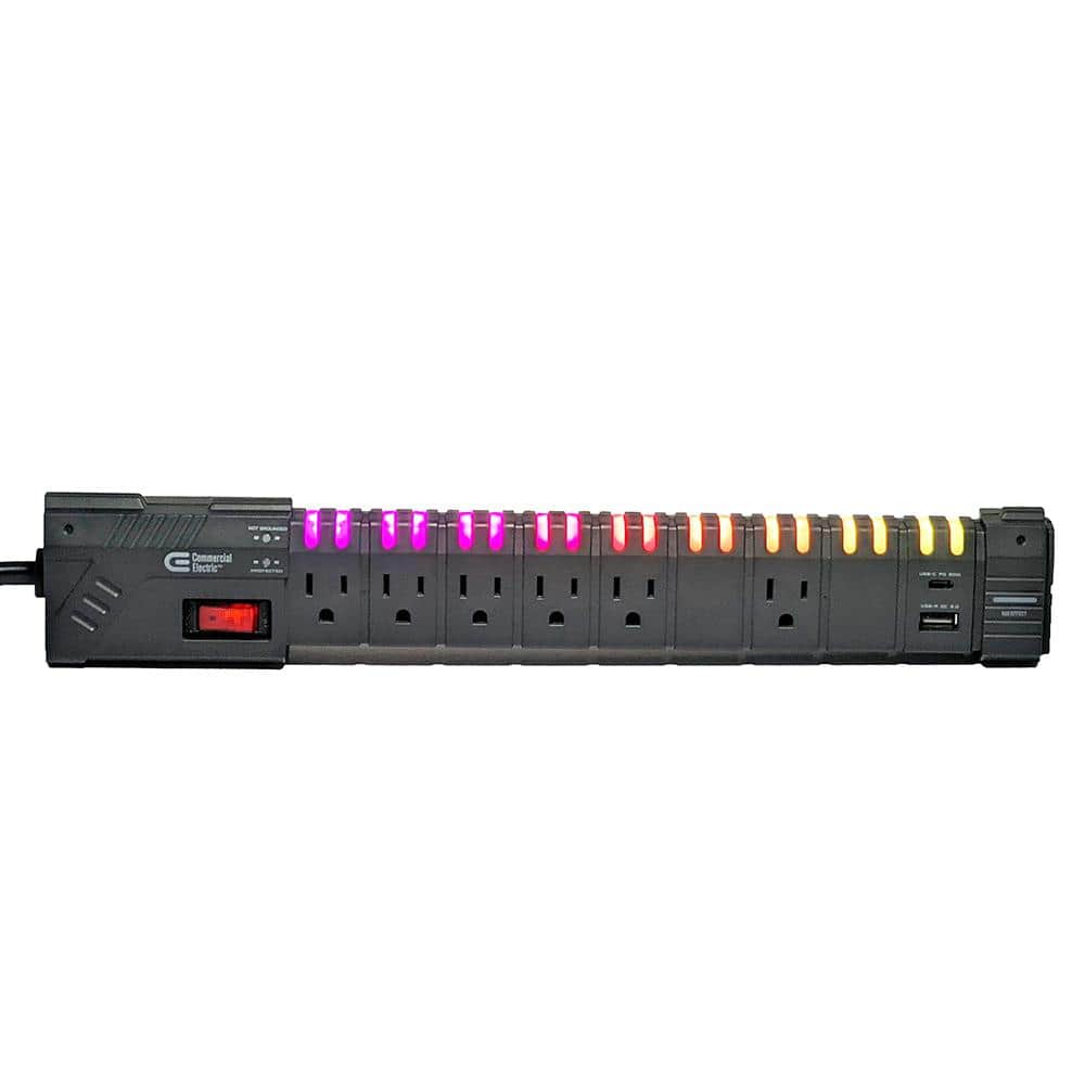 Commercial Electric 6 ft. 6-Outlet RGB Gaming Surge Protector with 1 USB-A and 1 USB-C, Black (1)