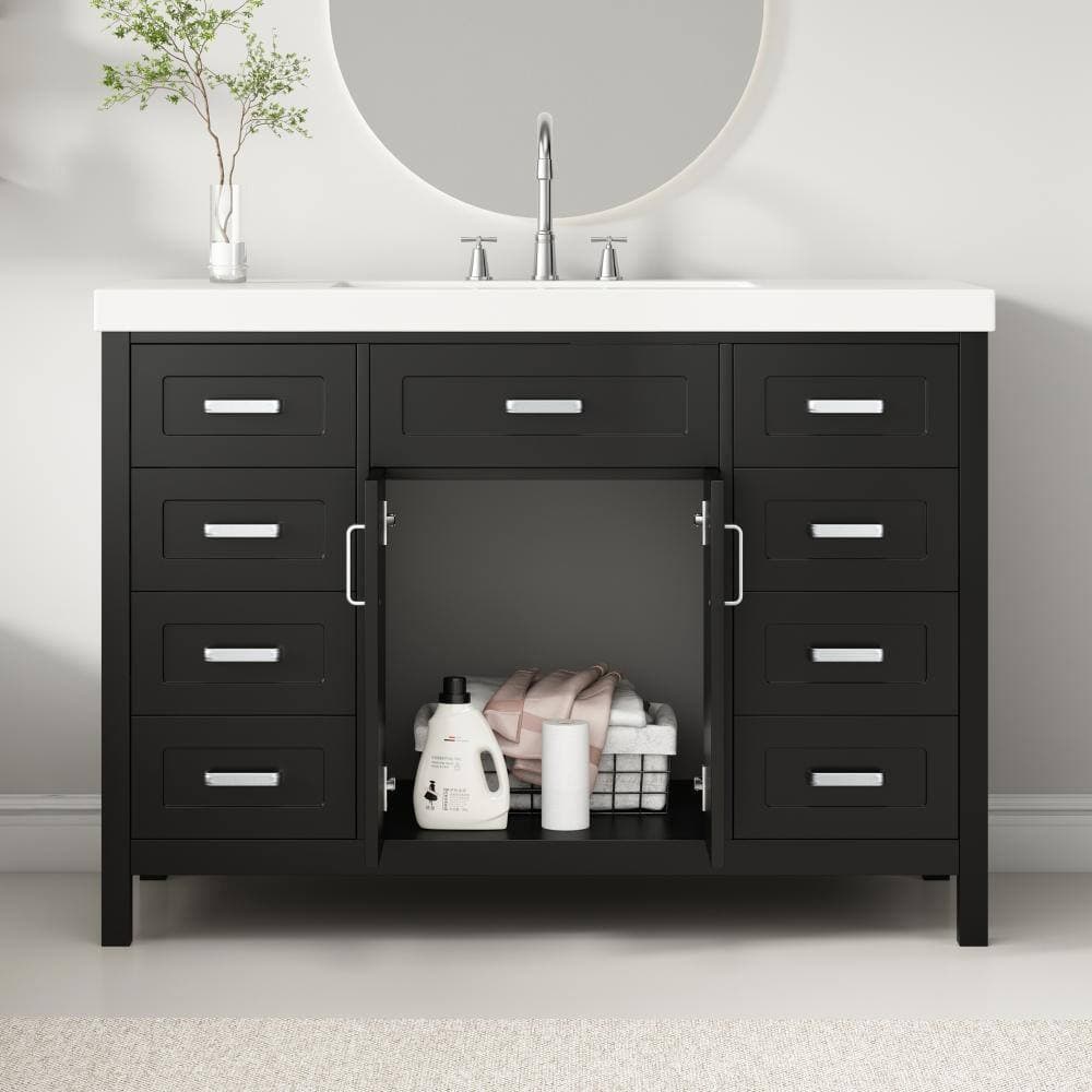 Flynama 48" Black Classic Vanity,Ceramic Sink,2 Soft Close Doors & Eight Storage Drawers (3)